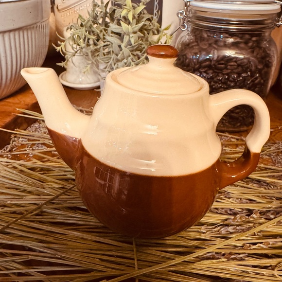 VTG MCM Oxford Stoneware Two-Tone Gloss Ceramic Teapot Farmhouse Cottage Core - Picture 3 of 8